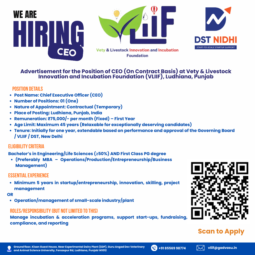 Recruitment for Position of CEO (On Contract Basis) at Vety & Livestock Innovation and Incubation Foundation (VLIIF), Ludhiana, Punjab